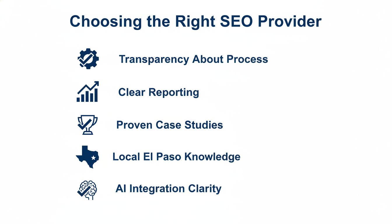 Checklist diagram for choosing the right SEO provider in El Paso with five key criteria