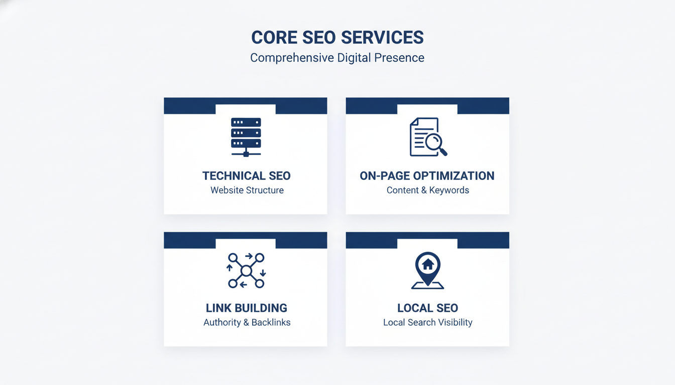 Infographic showing four core SEO service components: Technical, On-Page, Link Building, Local