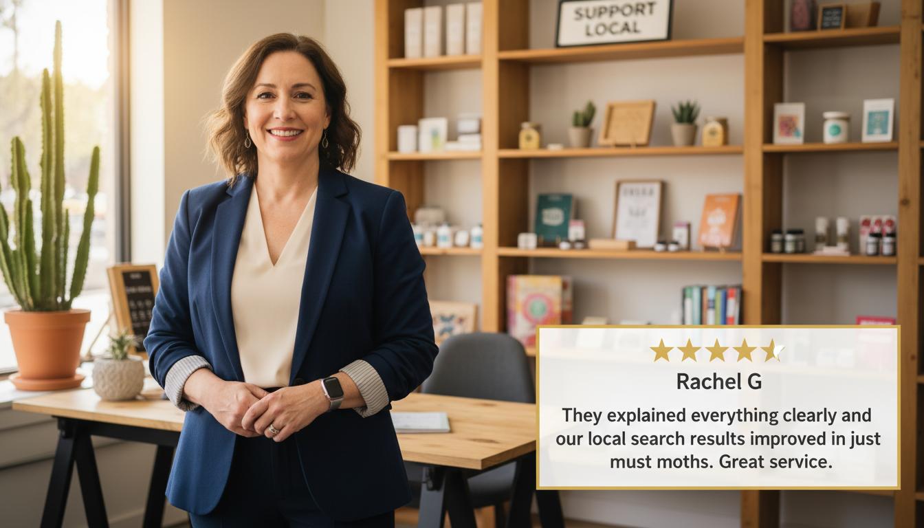 Customer testimonial photo with 5-star review from Rachel G. about SEO results in El Paso