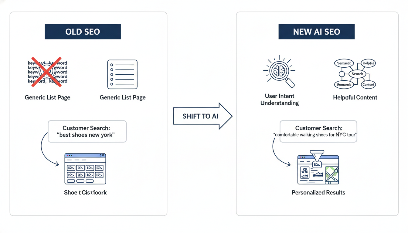 Comparison of old keyword-based vs. modern intent-based SEO strategy diagram