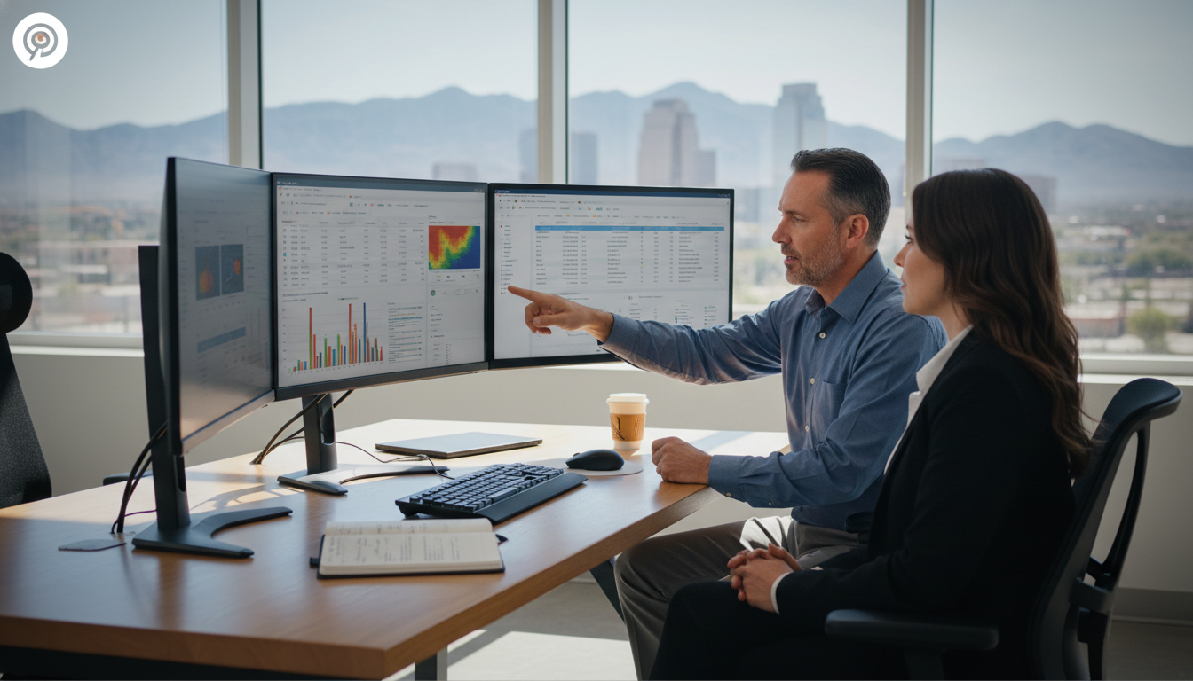 AI SEO consultant reviewing analytics dashboards with client in modern El Paso office