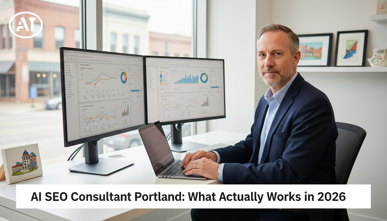 Professional AI SEO consultant working at modern Portland office desk with analytics displays, local business consulting