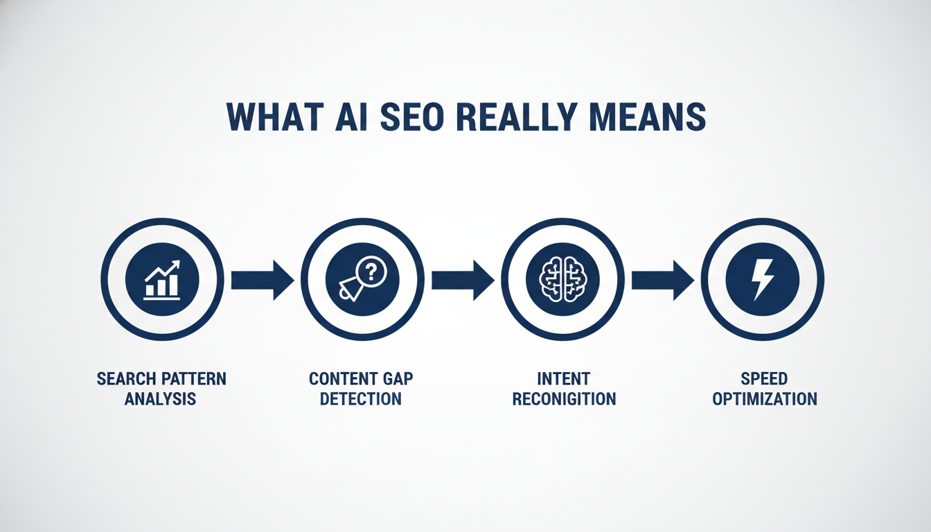 AI SEO process flow diagram: search analysis, content gaps, intent recognition, optimization for Portland consulting