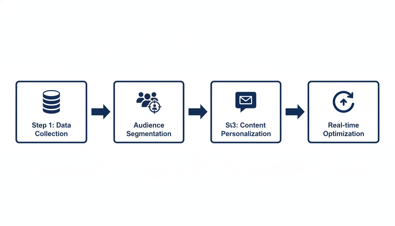 AI marketing workflow diagram showing data collection, segmentation, personalization, optimization steps