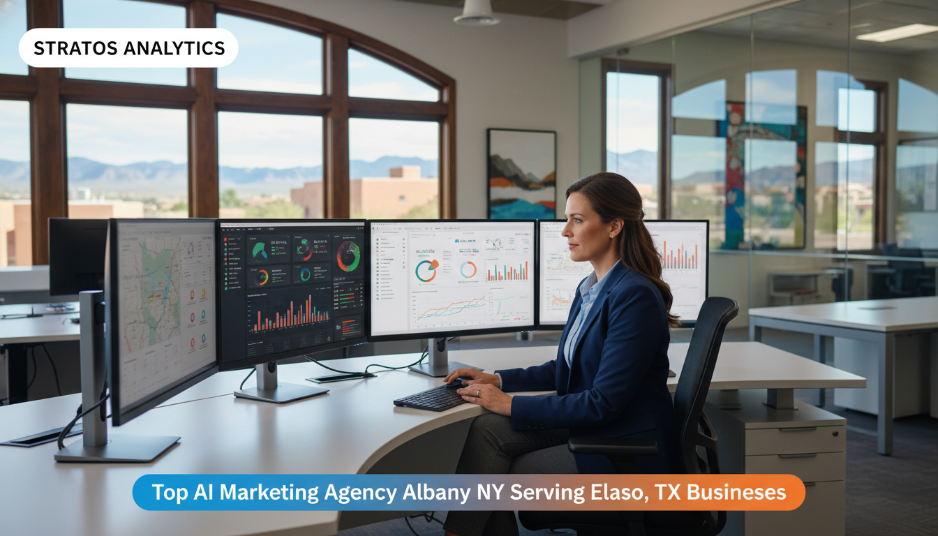 Marketing strategist reviewing AI dashboards in modern El Paso office setting, AI marketing agency services