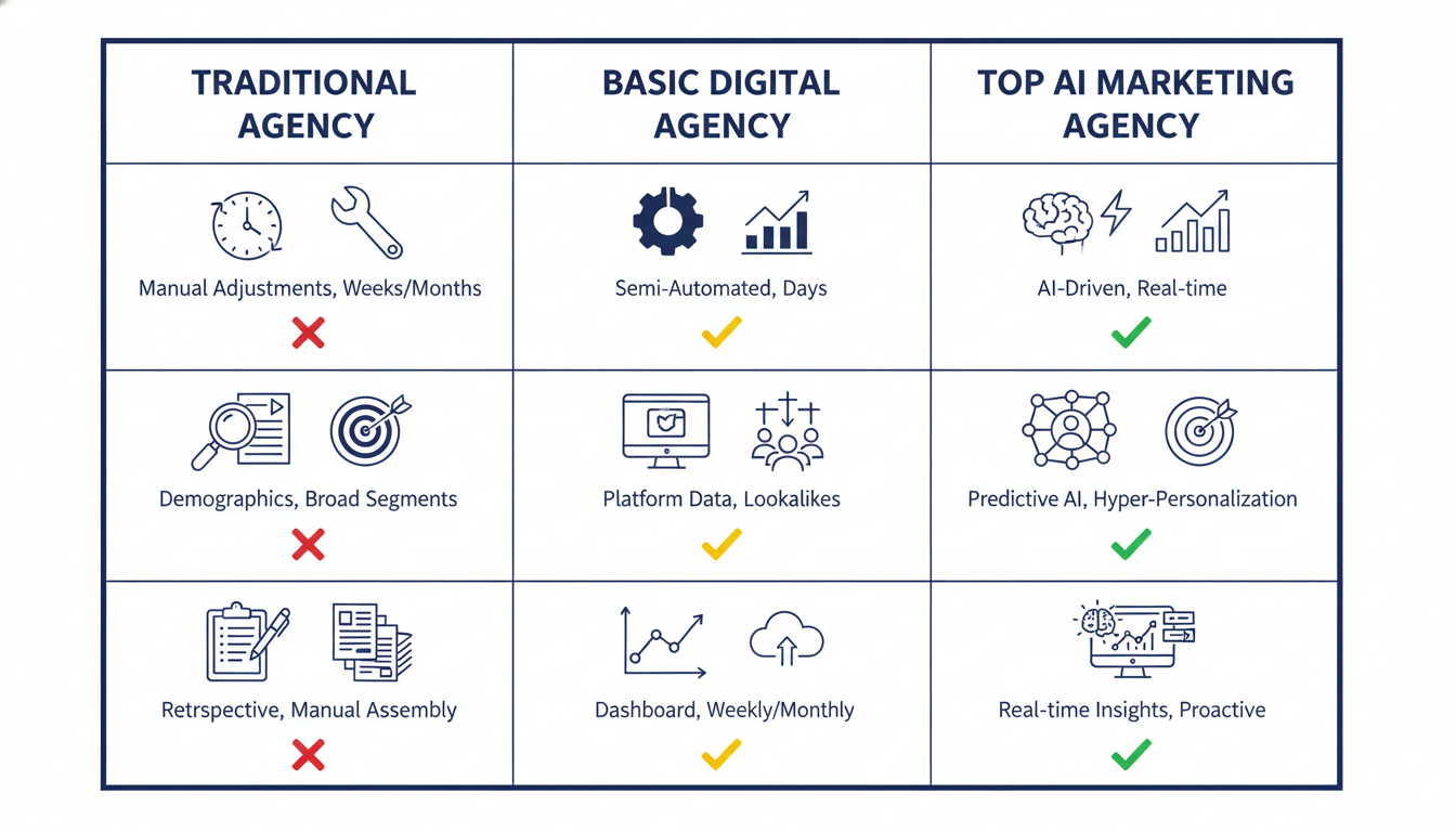 Comparison chart: Traditional vs Digital vs AI Marketing Agency features and capabilities