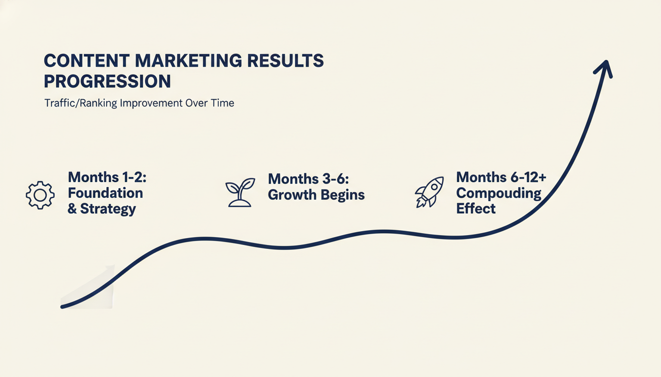 Content marketing timeline showing results progression from months 1-12 with compounding growth curve, Dallas, Pennsylvania