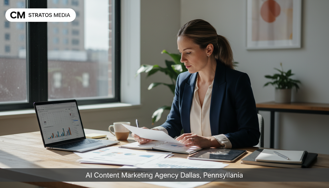 Professional strategist reviewing content marketing analytics and documents at modern office desk, Dallas, Pennsylvania content services