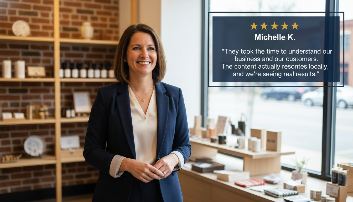 Satisfied business owner testimonial: 5-star review from Michelle K. on content marketing results, Dallas, Pennsylvania