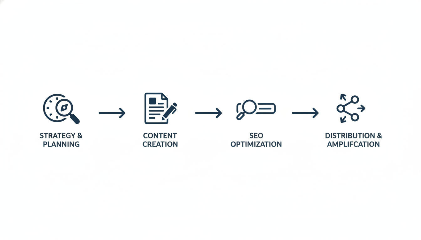Four-step content marketing process flow: Strategy, Creation, SEO, Distribution for Dallas, Pennsylvania businesses