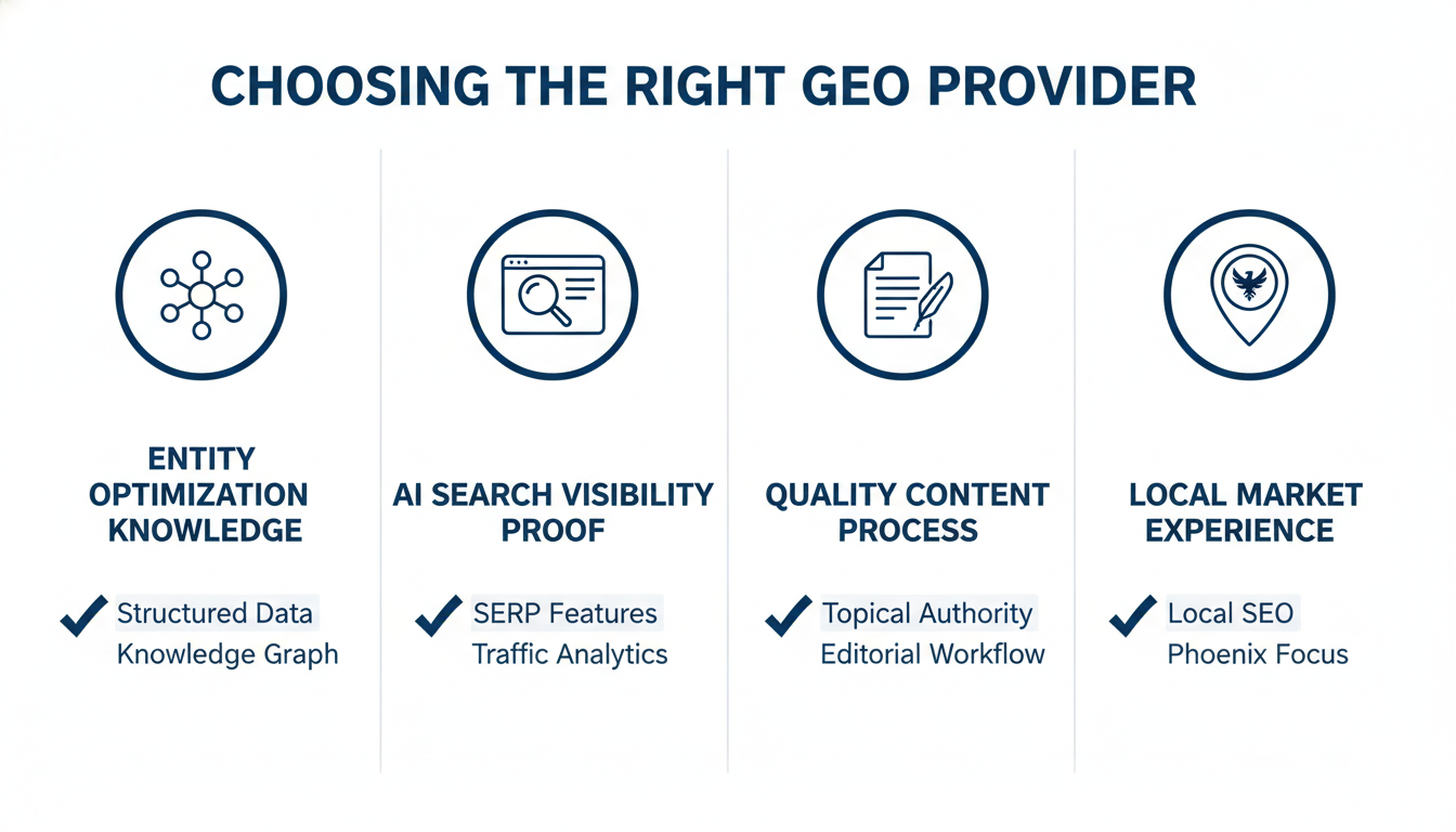 Evaluation checklist infographic for choosing a GEO provider with key criteria for Phoenix SEO agencies.