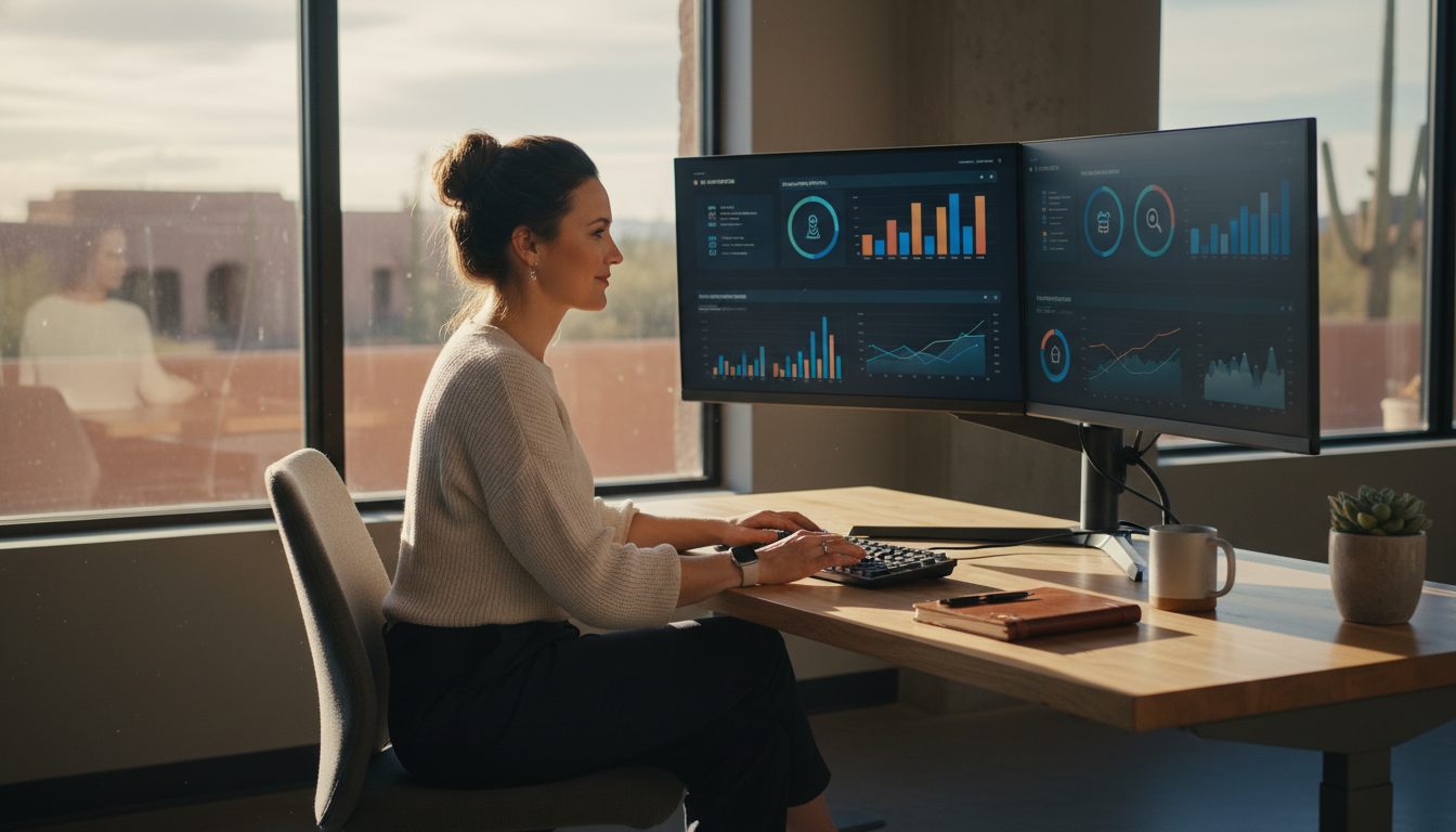 Professional SEO specialist at modern office workstation with dual monitors displaying AI search analytics in Phoenix.