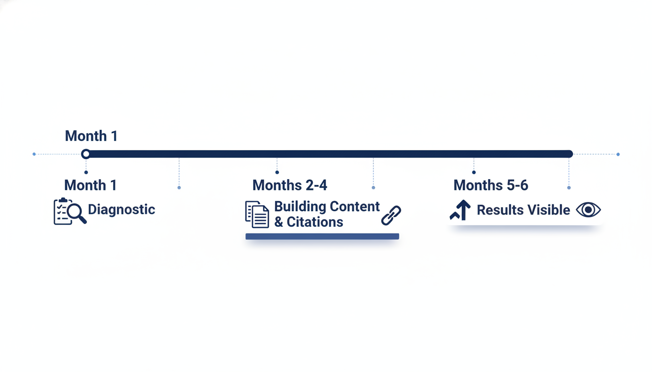 Six-month GEO timeline diagram showing diagnostic, content building, and results phases for Phoenix businesses.