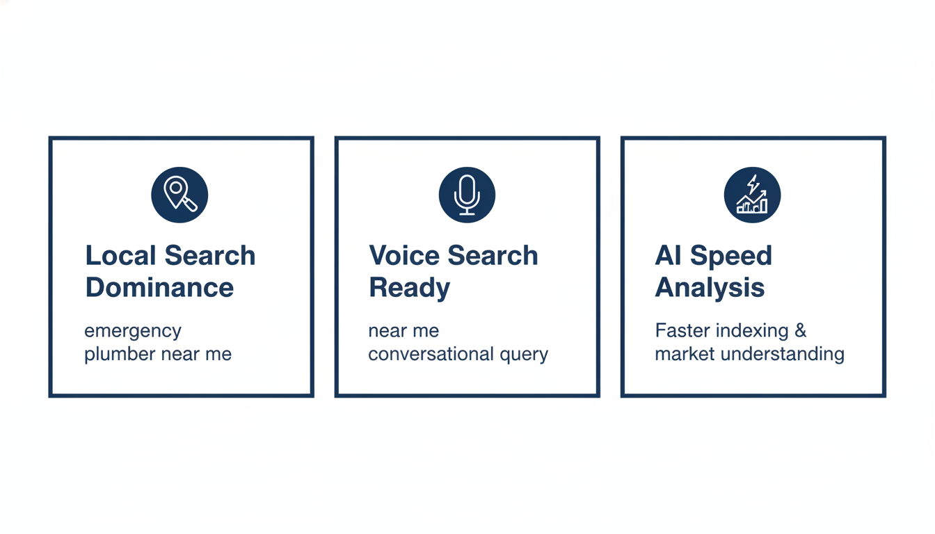 Three key AI SEO benefits infographic: Local Search, Voice Search, Speed Analysis for El Paso businesses