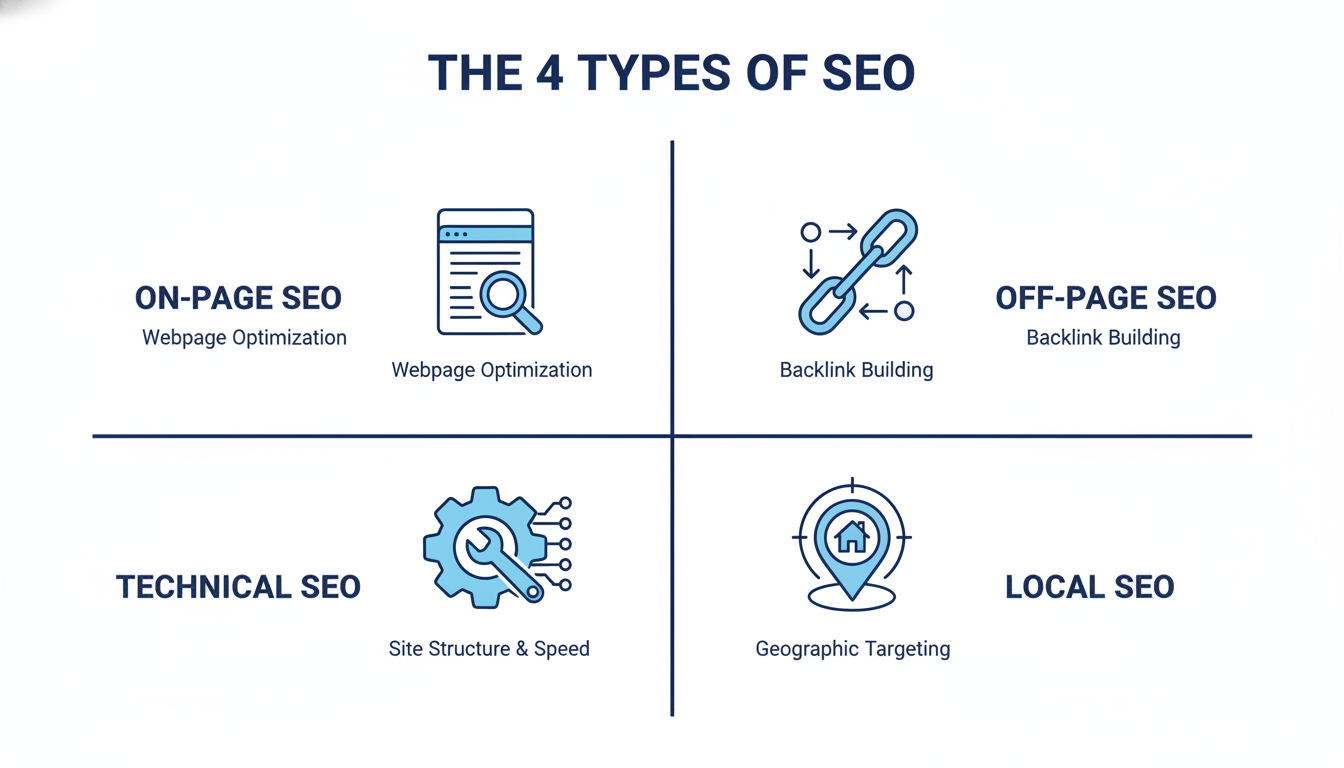 Four types of SEO framework: On-Page, Off-Page, Technical, Local SEO with icons and labels