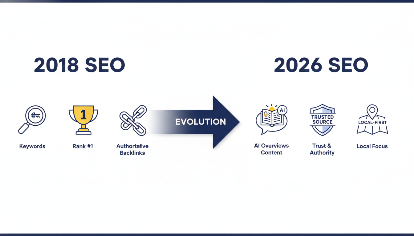 SEO evolution comparison diagram 2018 vs 2026 showing shift to authoritative content and AI Overviews