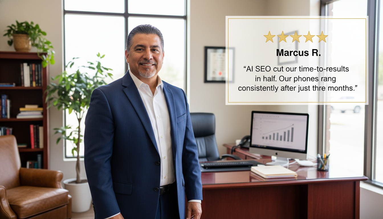 Satisfied business owner Marcus R. in office with 5-star testimonial about AI SEO results, El Paso TX