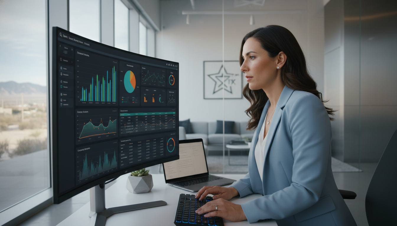 Modern SEO strategist analyzing data on desktop analytics in professional tech office with natural lighting, El Paso TX