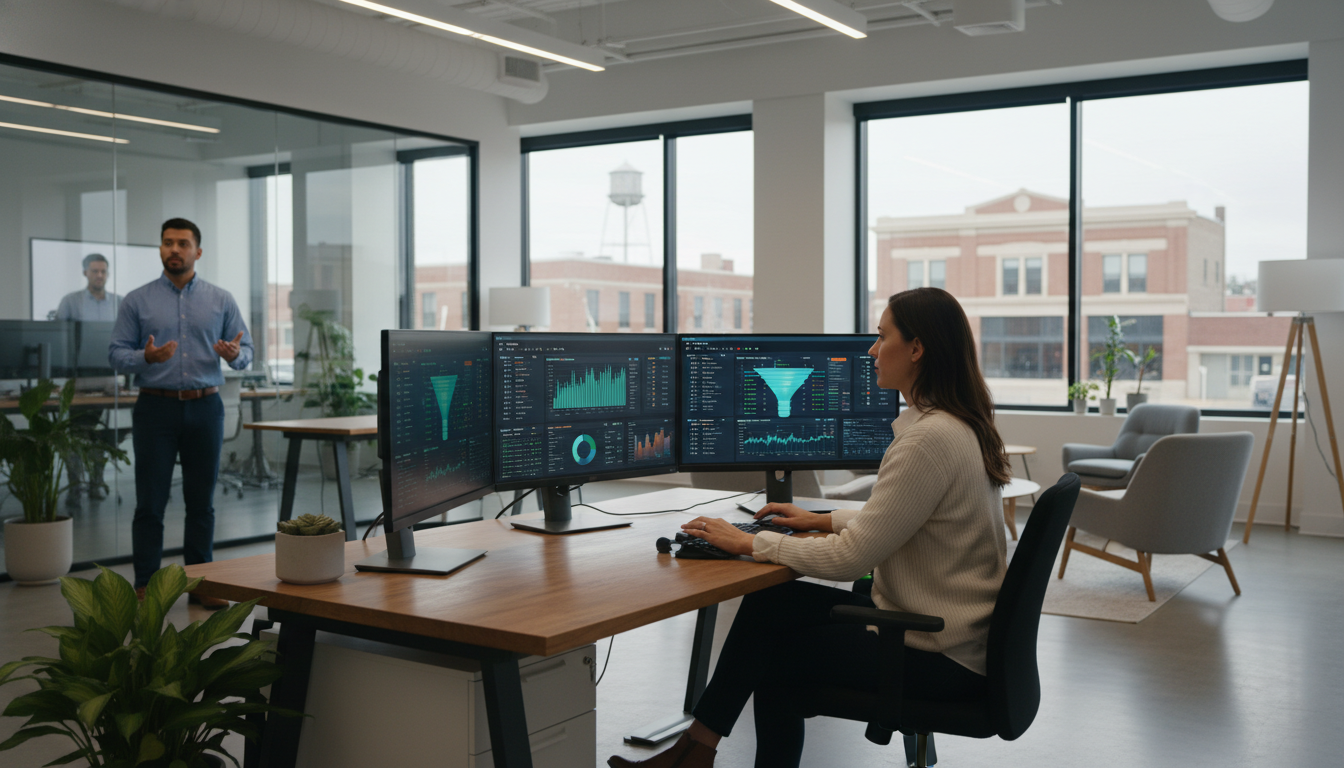 Marketing strategist working with AI analytics dashboards in modern Portland office, digital marketing agency