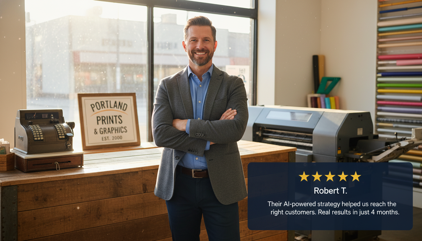 Local Portland Indiana business owner testimonial with 5-star review of AI digital marketing results