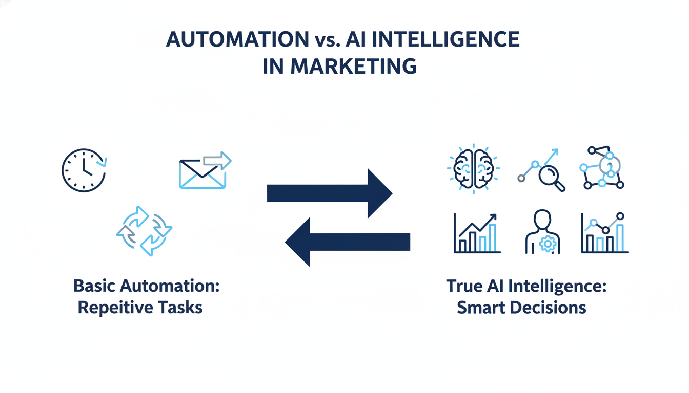 Automation vs AI intelligence comparison infographic for digital marketing services, Portland