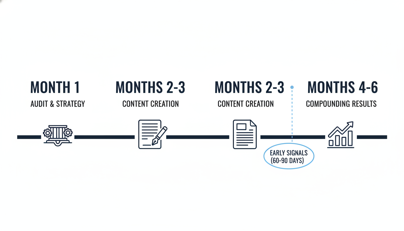 GEO timeline showing 60-90 day signals and 4-6 month results: content strategy and implementation phases