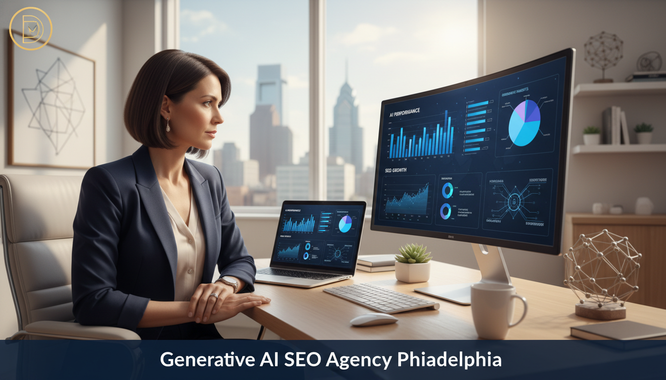 Female digital marketing consultant reviewing AI analytics on laptop in modern office: GEO services Philadelphia, Missouri