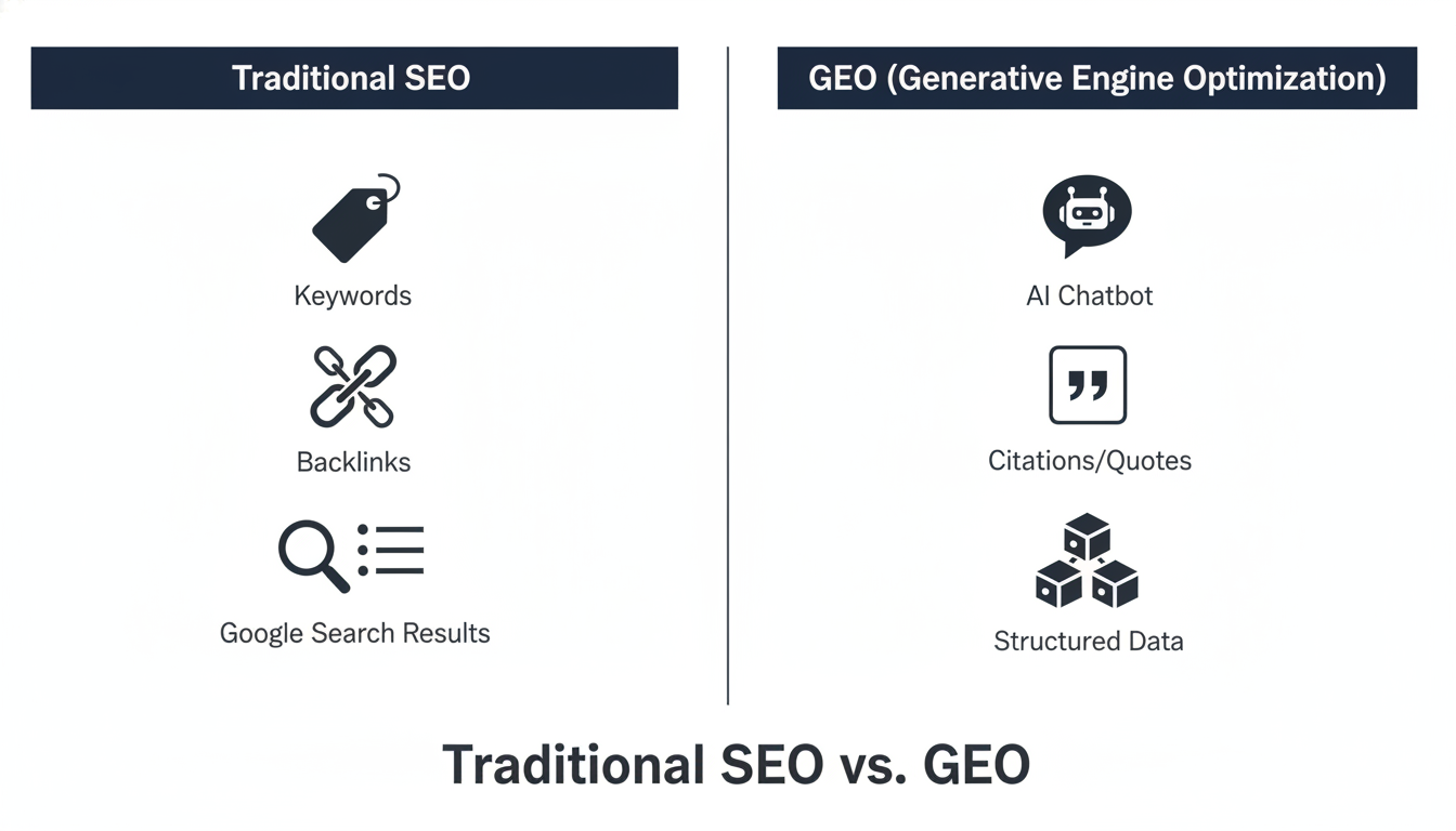 Traditional SEO vs. GEO comparison infographic showing keywords, backlinks, AI citations, and structured data