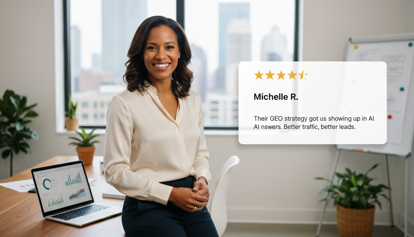 Satisfied business owner Michelle R. with 5-star review about improved AI visibility and qualified leads from GEO