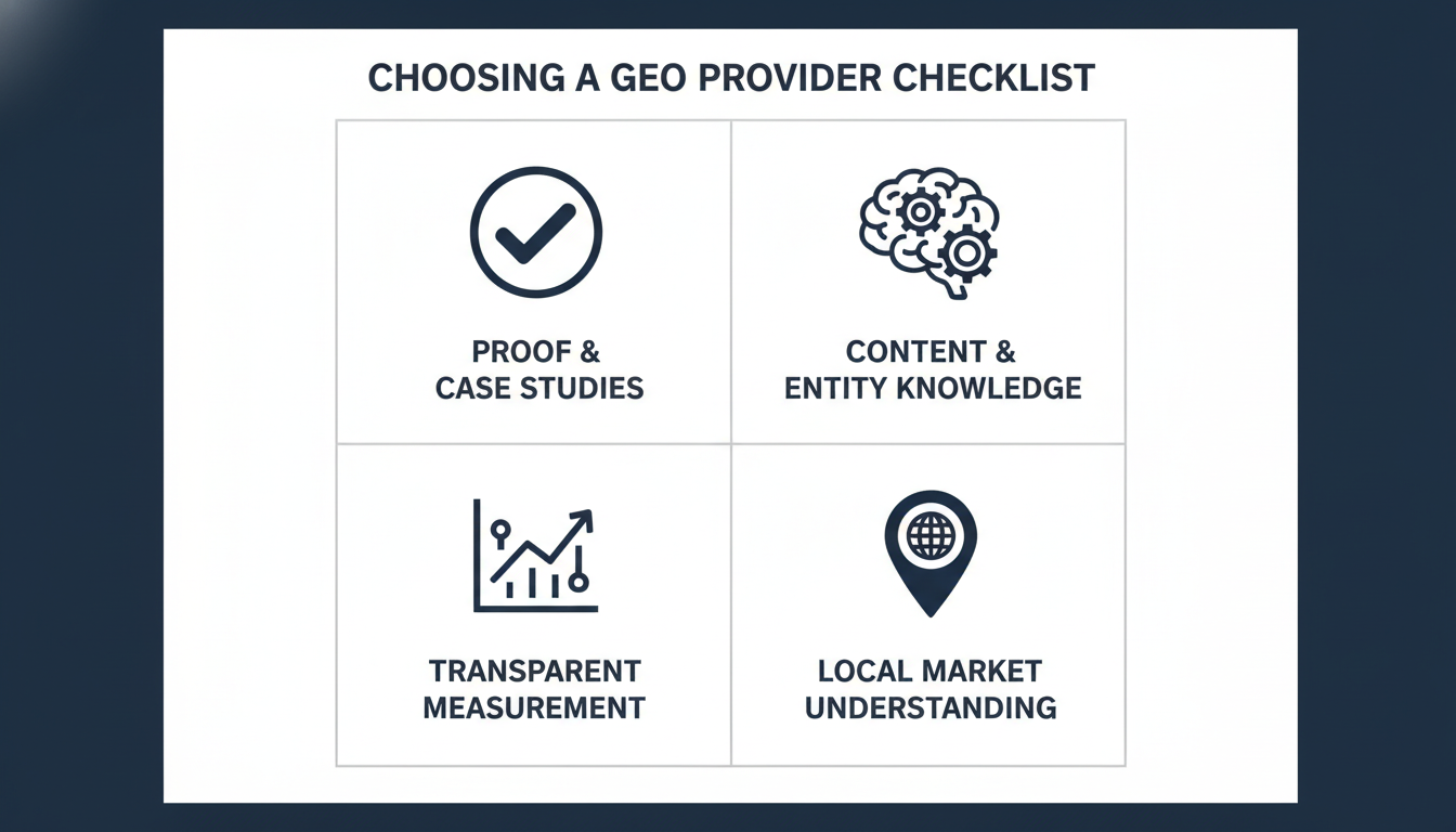 GEO provider checklist: proof, entity knowledge, transparency, and local market understanding criteria