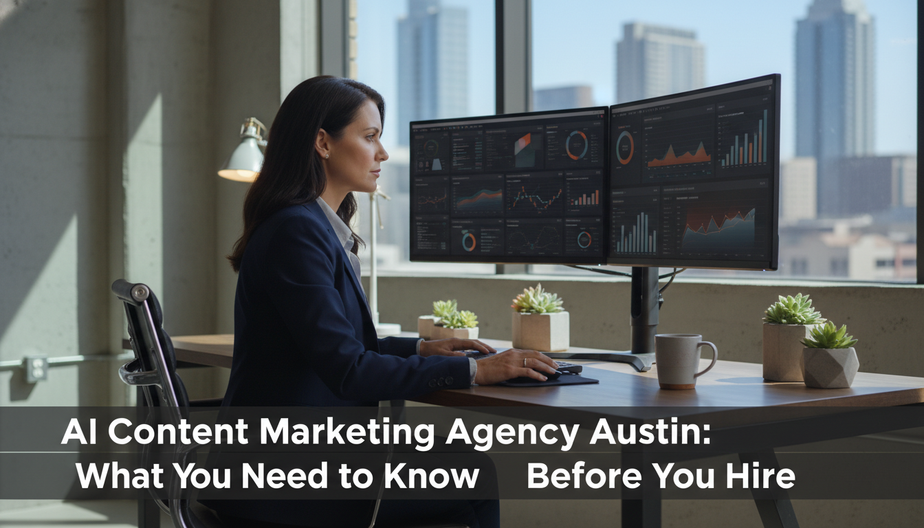 Content strategist reviewing analytics dashboards at modern Austin office workspace