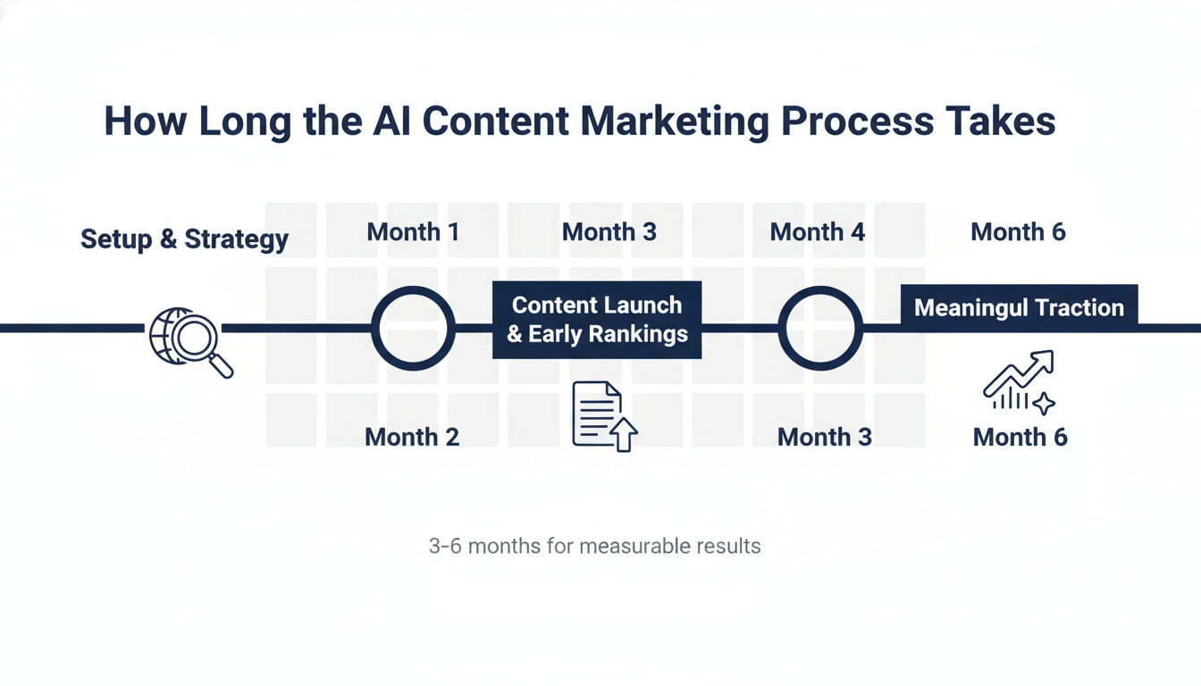 6-month content marketing timeline showing setup, launch, and traction phases