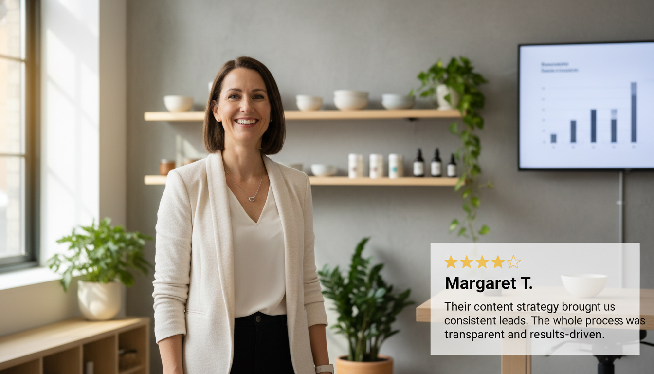Business owner testimonial 5-star review of content marketing results Austin