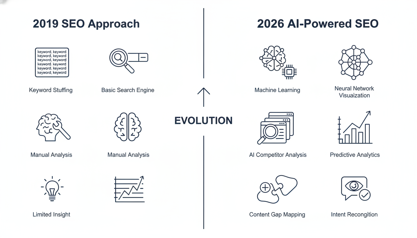 Comparison infographic: 2019 traditional SEO vs 2026 AI-powered SEO capabilities and tools