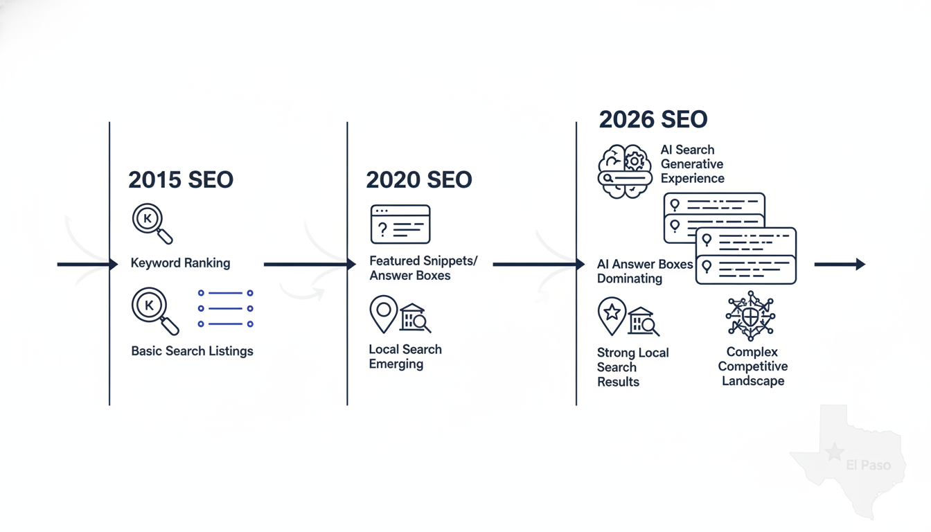 SEO evolution timeline from 2015 to 2026 showing AI transformation in search rankings