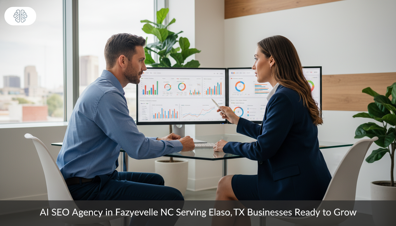 AI SEO consultant explaining analytics strategy to business owner in modern office setting, El Paso TX