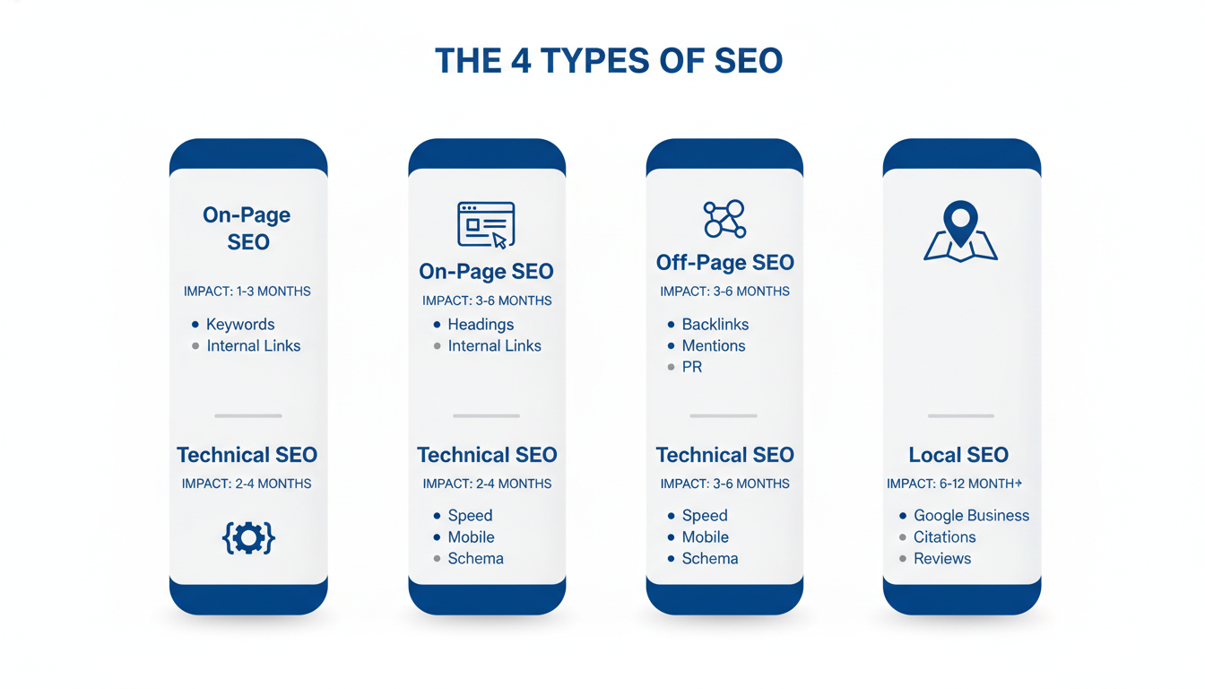 Four pillars of SEO infographic: On-Page, Off-Page, Technical, and Local SEO types explained