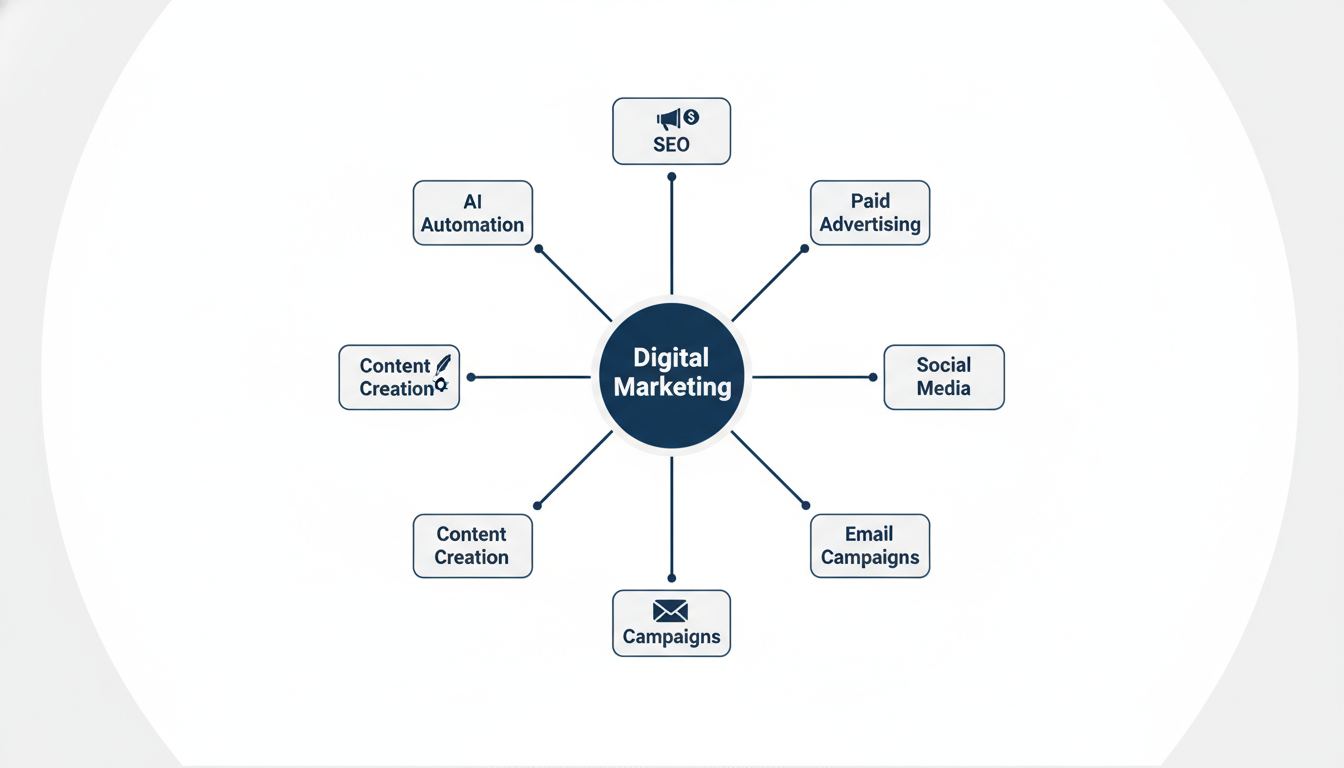 Digital Marketing components diagram: SEO, Ads, Social, Email, Content, AI for El Paso