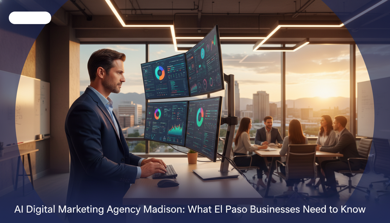 Marketing strategist analyzing AI dashboards in modern El Paso office with skyline view