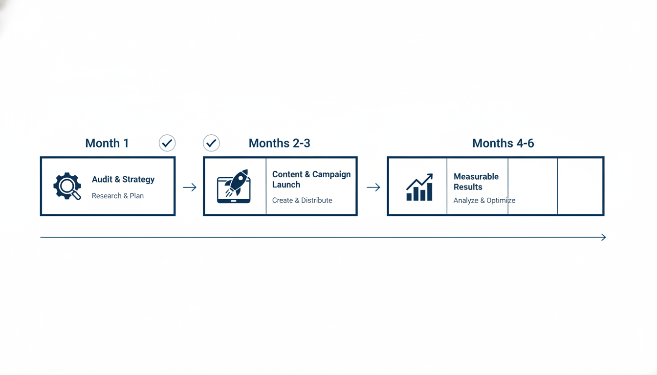 Timeline showing 6-month digital marketing process milestones for El Paso businesses