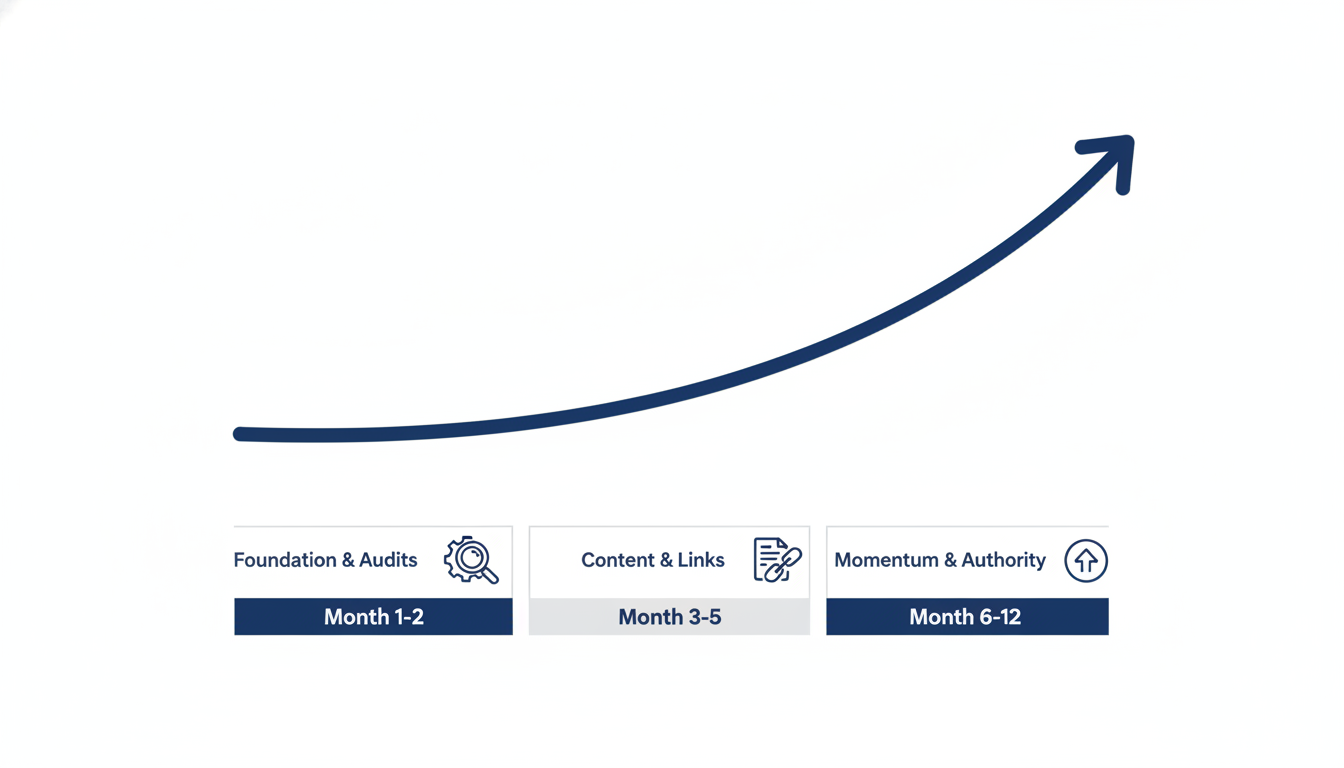 12-month SEO campaign timeline showing phases from foundation through momentum building with growth curve