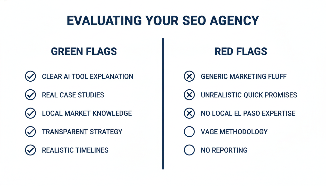 Checklist infographic for evaluating SEO agencies in El Paso with green flags and red flags to watch for