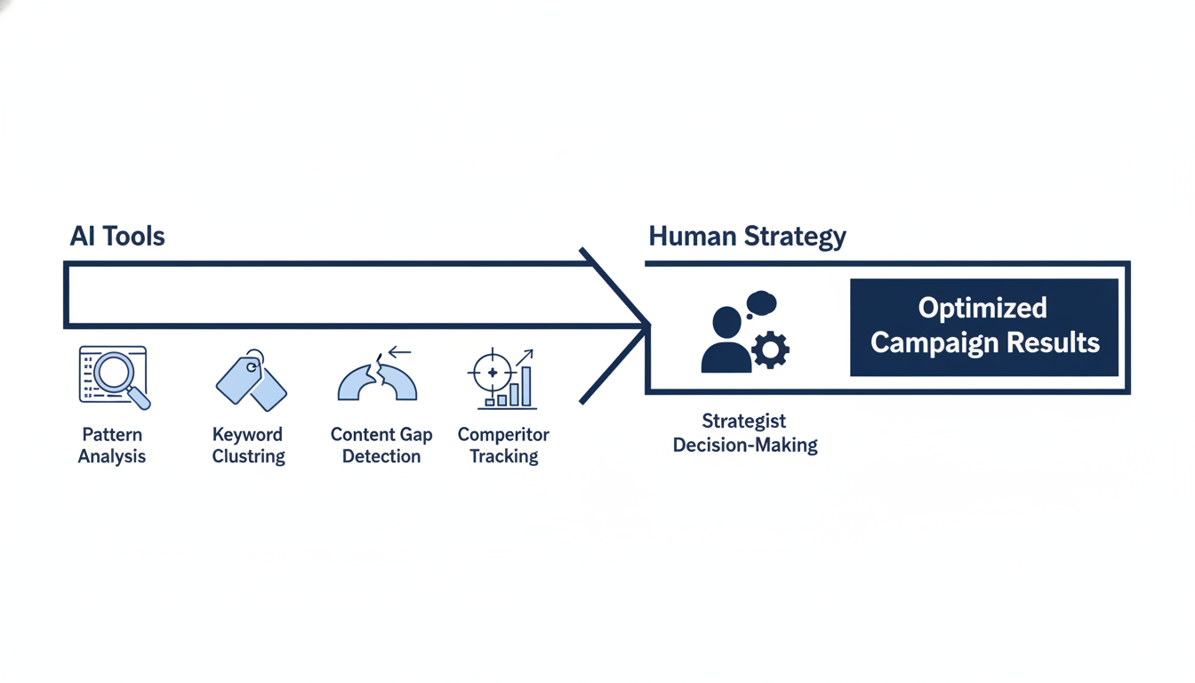 SEO Hybrid methodology diagram showing AI tools and human strategy converging for optimized campaign results