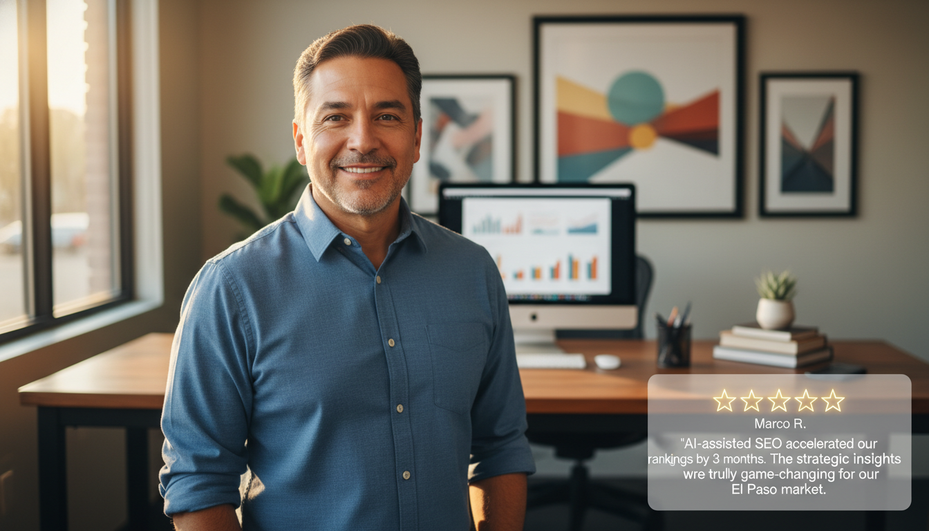Satisfied business owner Marco R. in El Paso office with 5-star review praising accelerated SEO hybrid results