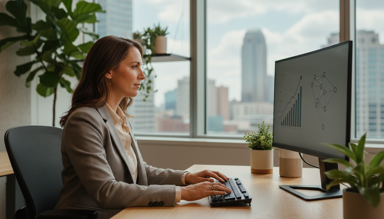 Digital strategist working on search analytics in modern Indianapolis office with natural lighting and contemporary workspace. SEO Indianapolis