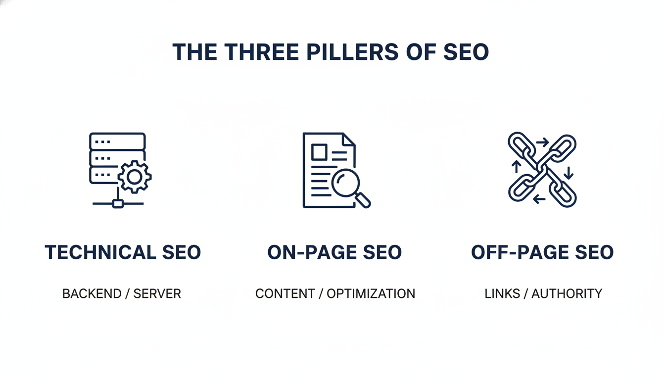 Three-pillar infographic showing technical SEO, on-page SEO, and off-page SEO components. SEO Indianapolis