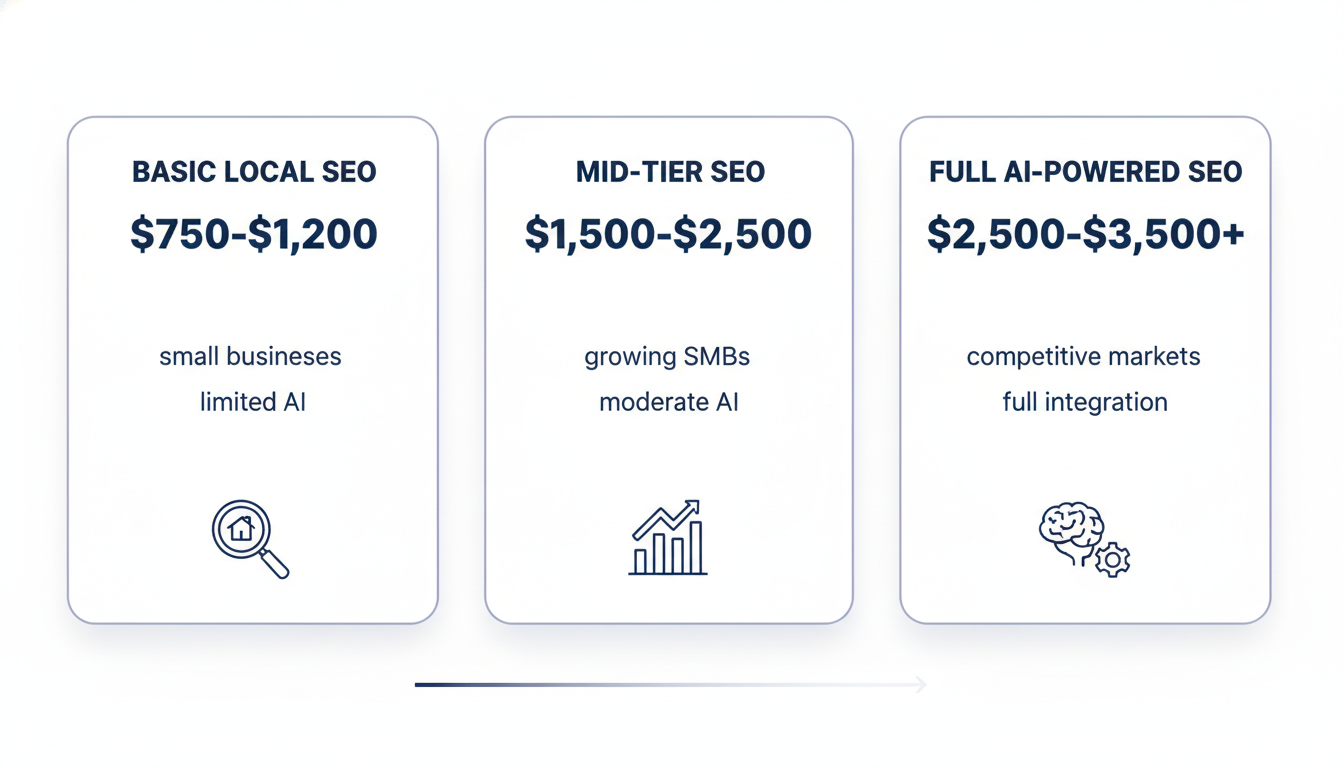 Three-tier pricing comparison: Basic Local SEO, Mid-Tier, and Full AI-Powered SEO with monthly costs. SEO Indianapolis