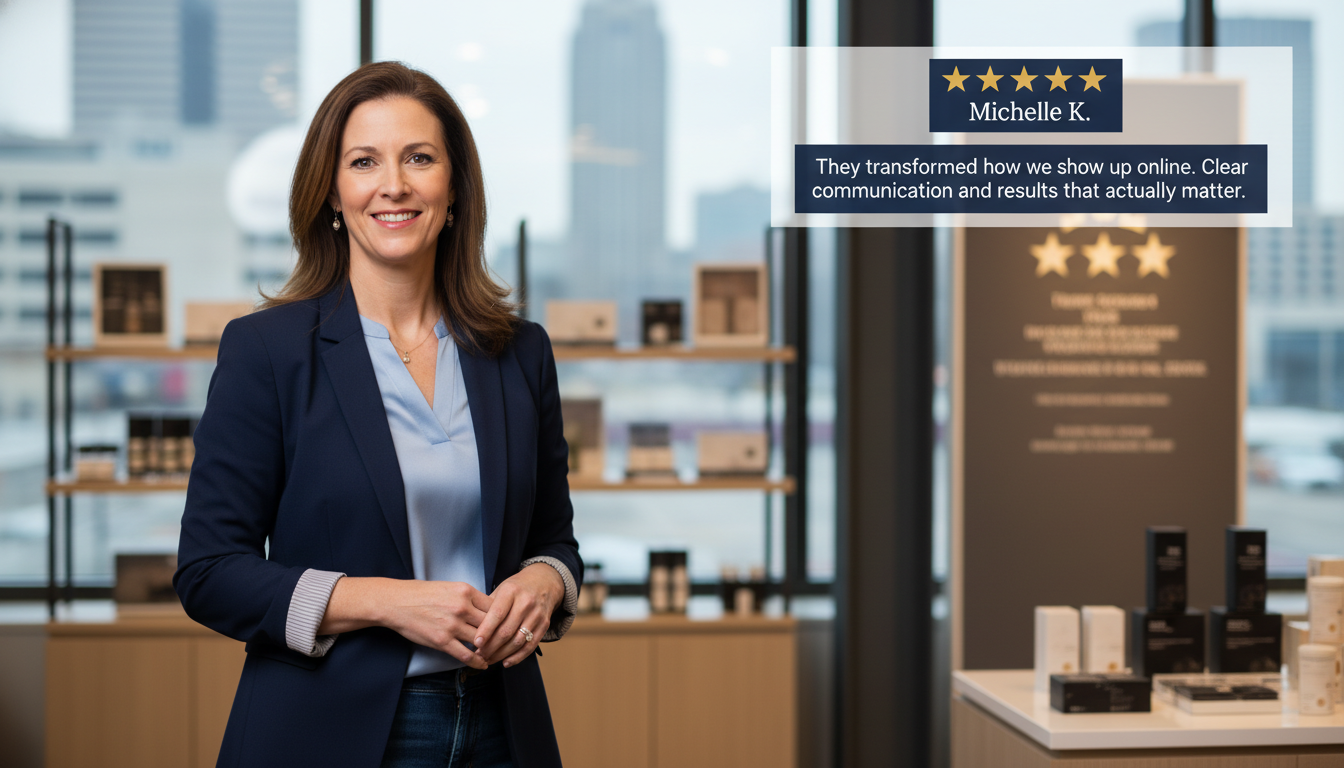 Satisfied business owner with 5-star testimonial review overlay about SEO results. Michelle K., Indianapolis
