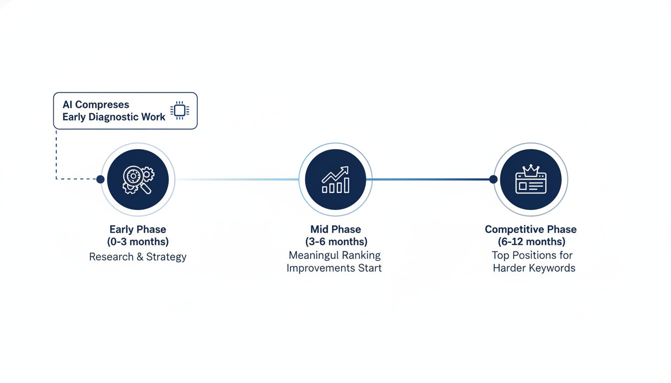 Timeline infographic showing SEO results phases from 0-12 months with AI acceleration impact. SEO Indianapolis