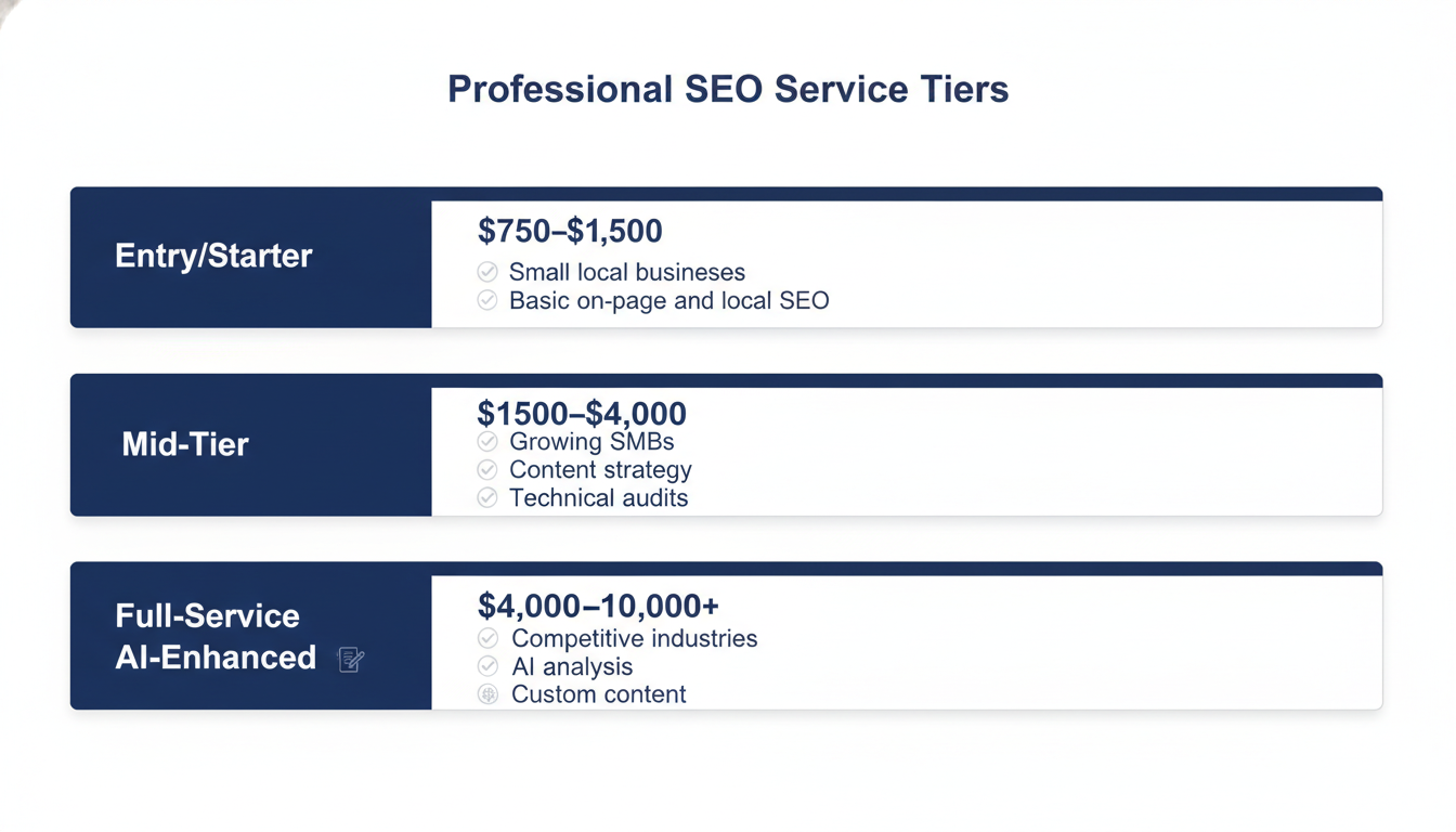SEO pricing comparison chart showing Entry, Mid-Tier, and Full-Service cost ranges, San Francisco agency pricing